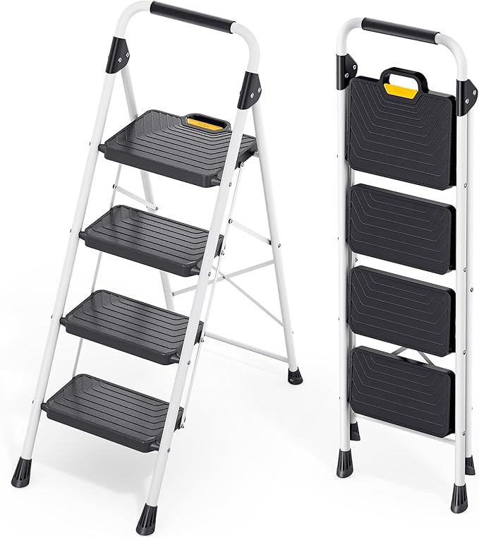 KINGRACK 4 Step Ladder, Folding Step Stool with Comfortable Handrail, Wide Anti-Slip Pedals & Safe-Lock Design, 800lbs Load Capacity, Sturdy Steel Portable Ladder, Perfect for Home and Kitchen, White