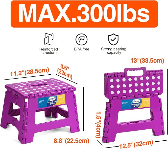 Korpai 9" Folding Step Stool for Adults and Kids Holds Up to 300 lbs,Non-Slip Folding Stools with Portable Handle, Compact Plastic Foldable Step Stool for Bathroom,Bedroom, Kitchen,Purple,1PC