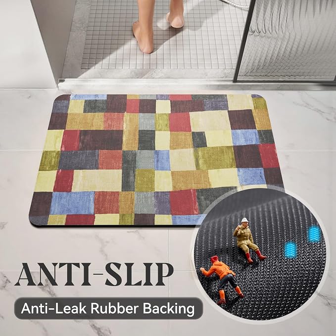 MontVoo -Bath Mat-Non Slip Thin Bathroom Rugs Fit Under Door- Quick Dry Absorbent Faux Suede Surface Grey Bathroom Floor Mats-Shower Rug for in Front of Bathtub Shower Retro Colors Plaid 17x59