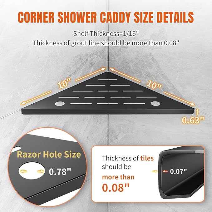 Corner Shower Shelves with Razor Hole, Modern Sturdy Shower Shelves Corner, 10" 304 Stainless Steel Shower Organizers Corner Shelf for Tile Wall, No Drilling Grout Mount Bathroom Shelf