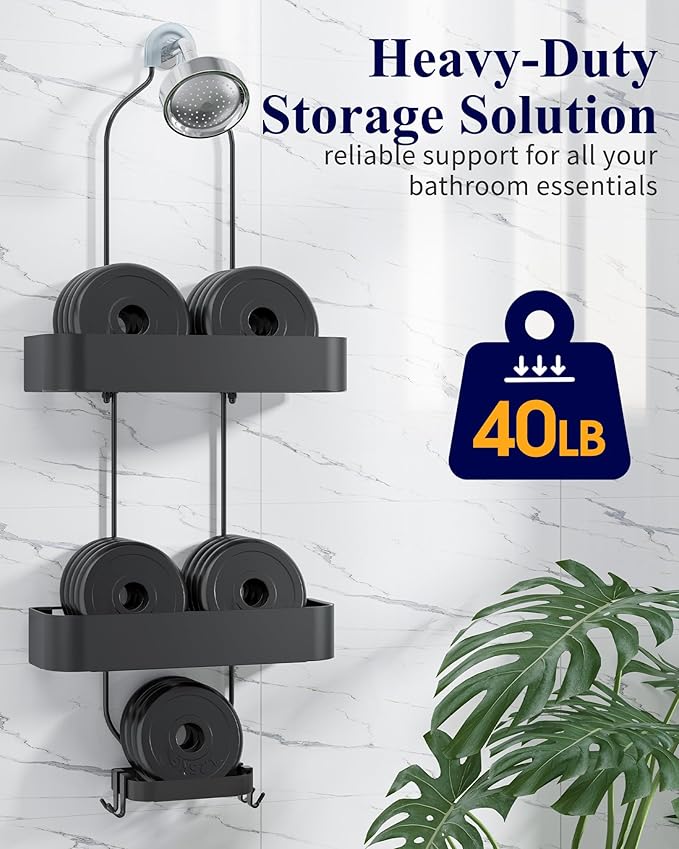 Kitsure Shower Caddy Hanging - No-Drill Bathroom Organizers and Storage, Wobble-Free Bathroom Shelves with Adhesive Tapes, Rust-Proof Shower Storage for Toiletries, Black, 28.5" H