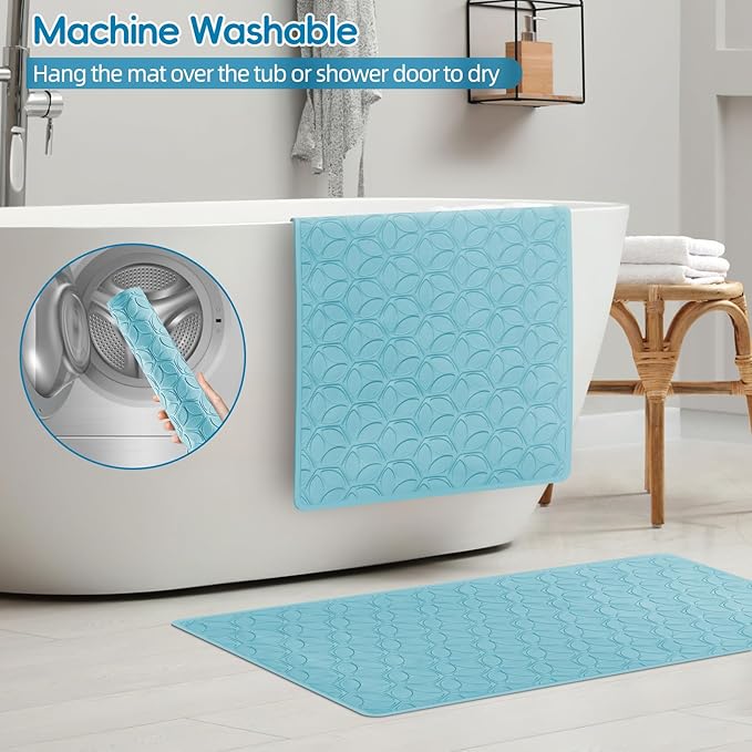 Bathtub Mat Non Slip with Suction Cups - 100% Rubber Bathroom Mat Textured for Bath Tub Shower Safety - Soft on Touch - BPA/PVC Free - Pet Dog Bath Mat - Machine Washable - 17 × 35 Inch（Blue）