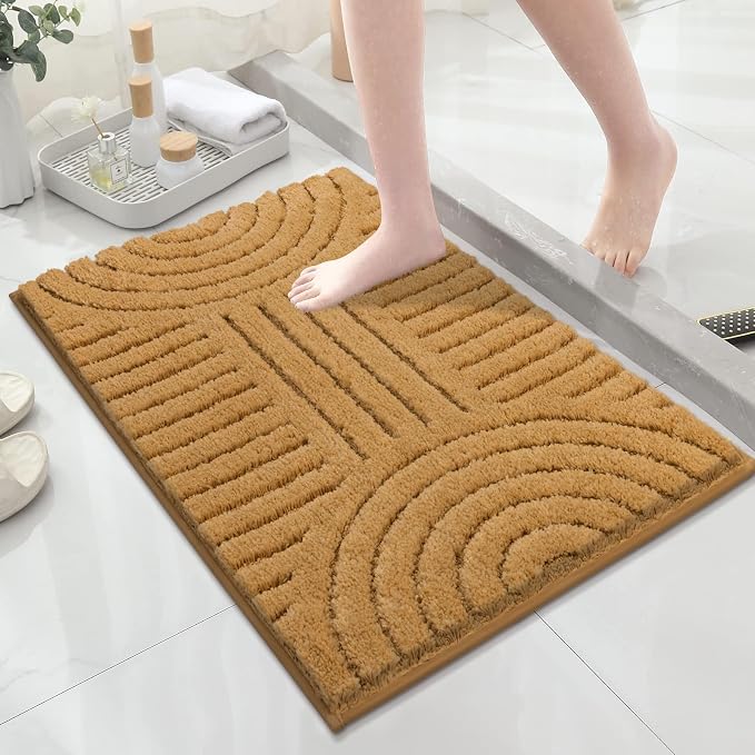 SHACOS Boho Bathroom Rugs 20"x32" Super Soft Absorbent Microfiber Bath Mats Home Decor Non Slip Backing Bath Rugs Machine Washable Shaggy Carpet for Shower Bathtub Floor, Mustard 1'8" x 2'8"