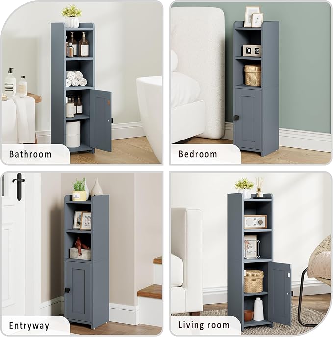 Lomojo Small Bathroom Storage Cabinet Corner, Freestanding Narrow Bathroom Toilet Paper Organizers for Small Spaces Floor Cabinet with Adjustable Shelves (Gray)