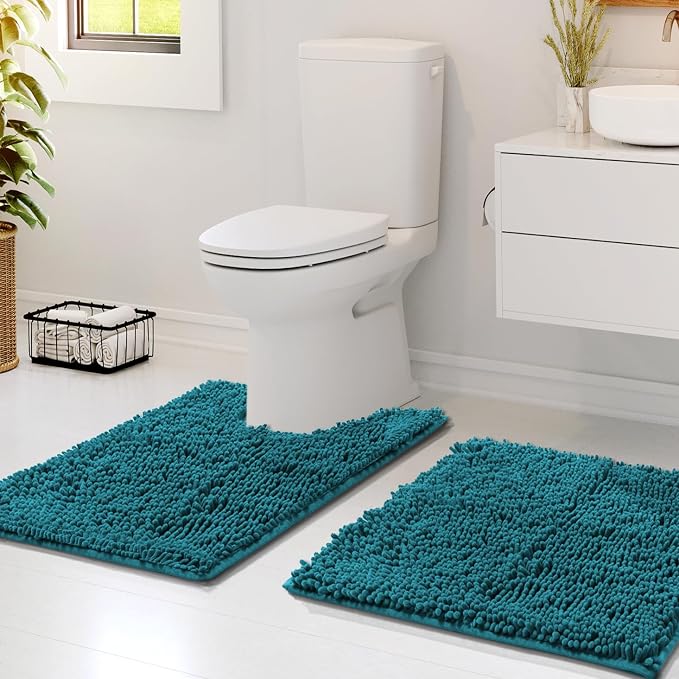 Hearth & Harbor Bathroom Rugs, Chenille Bath Mat - Machine Washable Bath Mats for Bathroom Non-Slip Backing Rubber, Quick Dry Bathroom Mat - Teal Blue 17x24-20x24