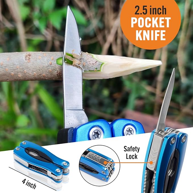 15-in-1 Multitool with Safety Locking, Stainless Steel Pocket Knife & Pliers, Compact EDC Multi Tool for Camping, Hiking, Fishing, Outdoors, Survival, Gift for Men, Father, Husband, Boyfriend