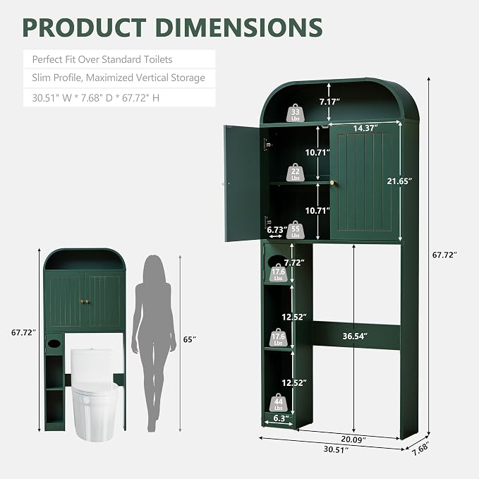 LEVNARY 31" Wide Over the Toilet Storage with Toilet Paper Holder, Arched Bathroom Organizer with Fluted Doors, 4-Tier Space Saving Freestanding Cabinet with Adjustable Shelves (Green)