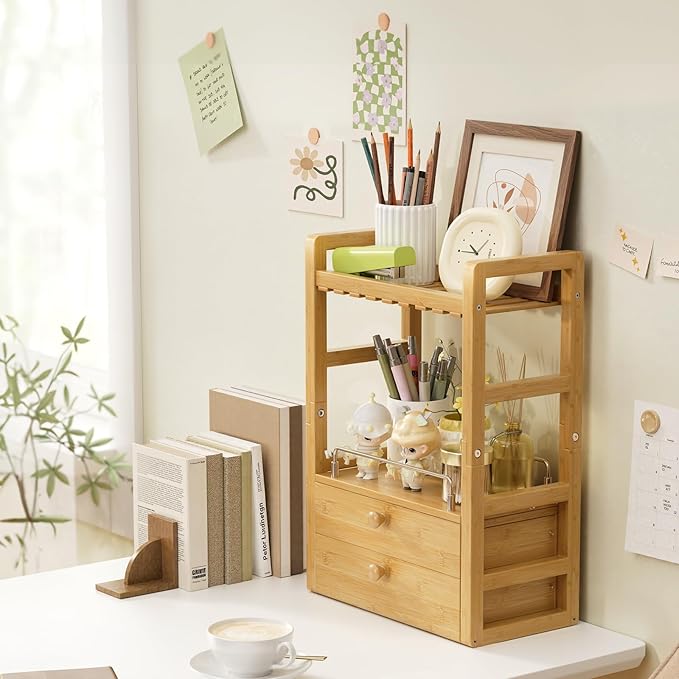 AmazerBath Bamboo Bathroom Countertop Organizer, 2-Tier Makeup Organizer with 2 Drawers, Vanity Organizer Storage Coffee Matcha Station, Compact Shelf for Bathroom Kitchen Office
