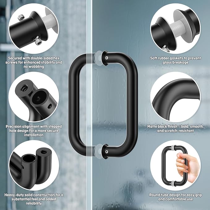 Ranbo Matte Black 6" （CTC） Tubular Back-to-Back Shower Door Handle，Heavy-Duty 1.0mm Thick 304 Stainless Steel, for 1/4"- 1/2" Thick Glass and 1-3/8" - 2-1/6" Thick Wooden or Metal Doors