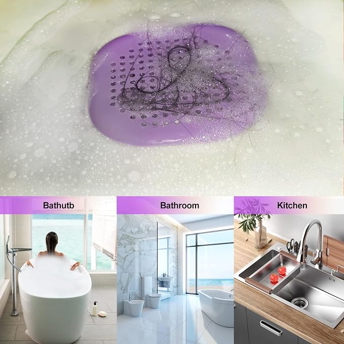 Hair Drain Catcher,Square Drain Cover for Shower Silicone Hair Stopper with Suction Cup,Easy to Install Suit for Bathroom,Bathtub,Kitchen 2 Pack (Purple)