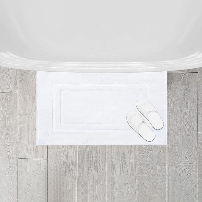 Feather & Stitch 2 Piece Towel Like Bath Mats (30x21 Inch) 100% Cotton Terry Bath Mats, Bathroom Shower Floor Mats [NOT A Bathroom Rug], Soft Absorbent Washable Mats - White