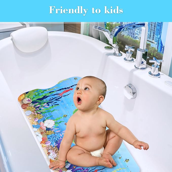 Secopad Bath Mat for Tub Non Slip, Machine Washable Anti-Slip Cartoon Baby Bathtub Shower Mat with Drain Holes and Suction Cups for Toddler & Kids, 40 Inch x 16 Inch, Red Turtles