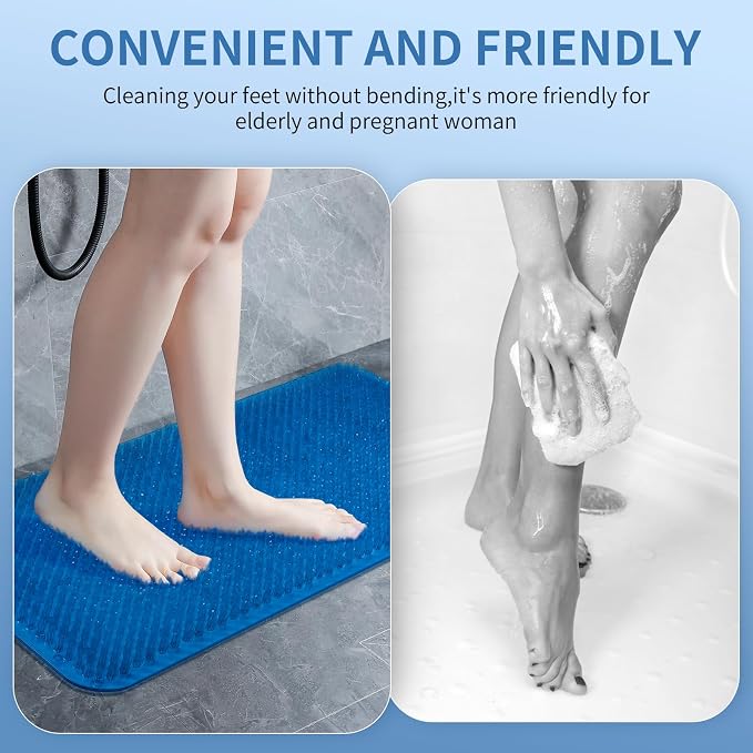 Yolife Shower Foot Scrubber Mat, Anti-Slip Bath Mat with Scrub Bristles, Soft Shower Foot Massager with Strong Suction Cups for Soothe Achy Feet, 25.6" x 13.4"