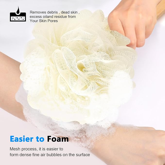 White Loofah on a Stick PE Soft Mesh Luffa Made of Soft and Sturdy Rubber Material Back Scrubber for Shower for Women and Men with String for Easy Hanging