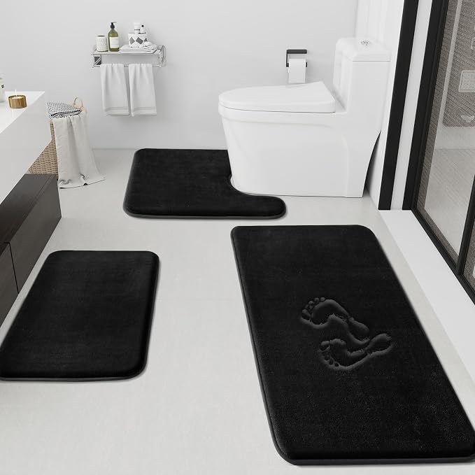 HUXMEYSON Bathroom Rugs Sets 3 Piece, Non-Slip & Quick Dry Bath Mat Set, Ultra Soft Velvet Bath Rugs for Bathroom, Toilet and Shower Floor, Black