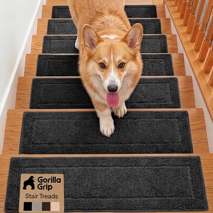 GORILLA GRIP Peel and Stick Stair Treads for Wooden Steps, Multi-Surface Use, Machine Washable Carpet Runners, Indoor Rugs for Stairs, Pet Friendly, Universal Size, 4 Pack Black, 8x28 Inches