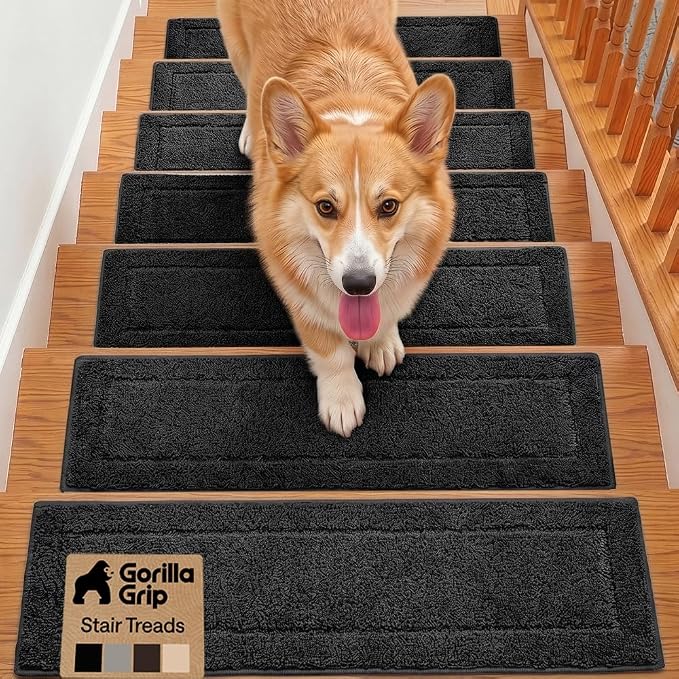 GORILLA GRIP Peel and Stick Stair Treads,12 Pack, for Wooden Steps, Multi-Surface Use, Machine Washable Carpet Runners, Indoor Rugs for Stairs, Pet Friendly, Universal Size, Black, 8x28 Inches