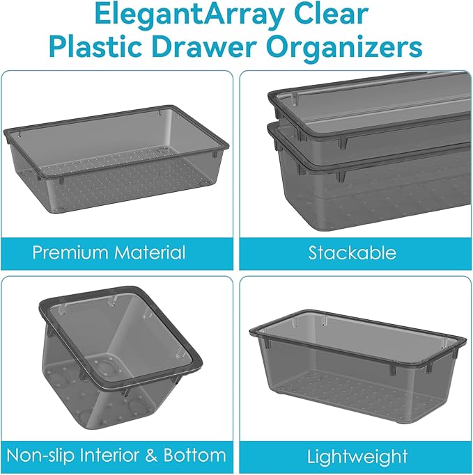 ElegantArray 12-Piece Drawer Organizer Set, 4 Sizes Versatile Plastic Vanity Organizer for Makeup, Stationery, Gadgets, in Kitchen, Bathroom, Office, and Bedroom, Black