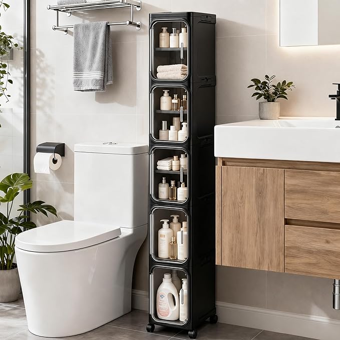 5-Tier Tall Narrow Storage Cabinet, Slim Bathroom Storage Cabinet with Adjustable Shelves and Wheels, Narrow Organizer for Small Space, Bathroom, Kitchen, Laundry, Black