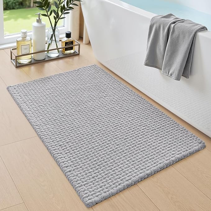 DEXI Bathroom Rugs 24x16, Non Slip Washable Bath Mat, Absorbent Chenille Bathmat, Ultra Soft Thick Carpet for Tub Shower Floor, Light Grey
