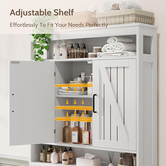 Over The Toilet Storage Cabinet with 2 Barn Doors & Built-in Toilet Paper Holder, Farmhouse Space-Saving Organizer for Bathrooms and Laundry Room, White