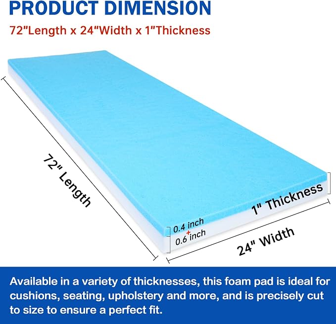 High Density Upholstery Foam Cushion - 1" Thick x 24" x 72", Gel Memory Foam Support Padding for Seat Cushion Replacement, DIY Projects, Sofa Mattress Support
