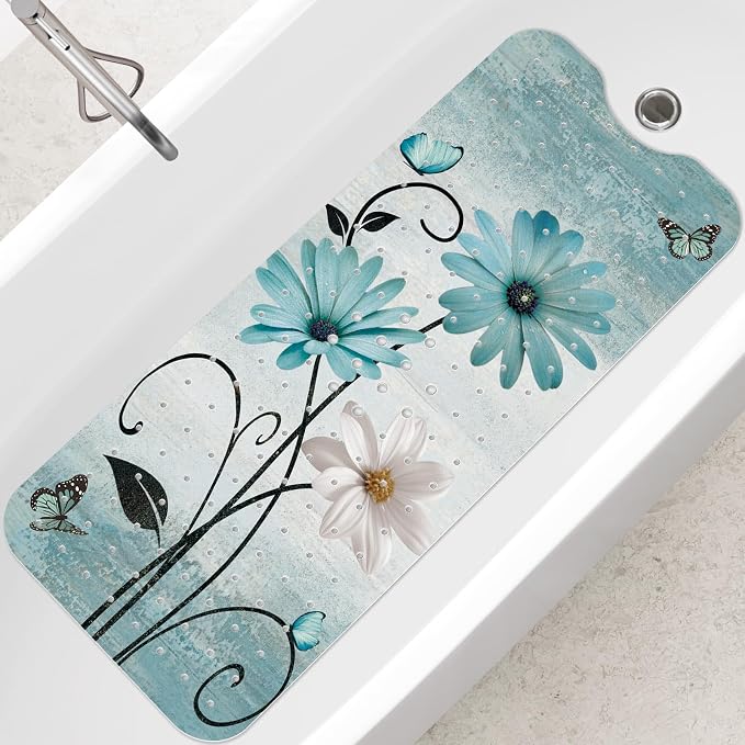 SHUCHING Turquoise Bath Mat for Tub Non Slip-40 X 16Inch, Rustic Farmhouse Flower Bathtub Mat Anti Slip for Women, Long Shower Mat for Bathroom Mold Free, Machine Washable
