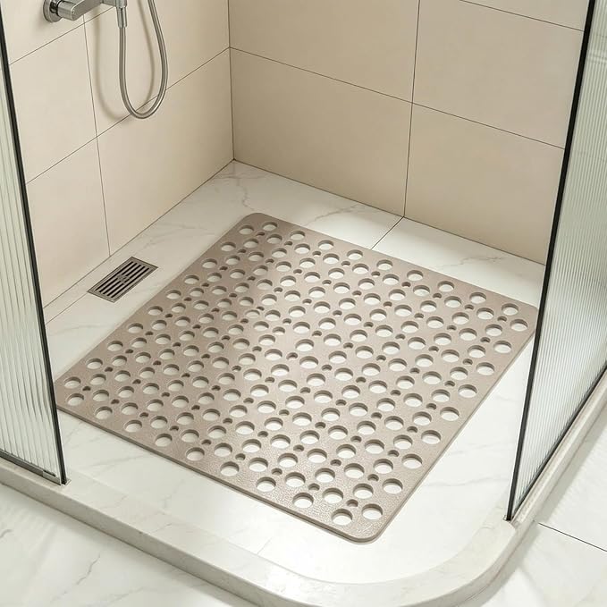 Casa and Beyond Shower Mat, Secure Shower Mats Easy to Clean, Showers Mat with Suction Cup, Washable Non-Slip Bathtub Mats for Inside Showers (Khaki, 20.9" x 20.9")