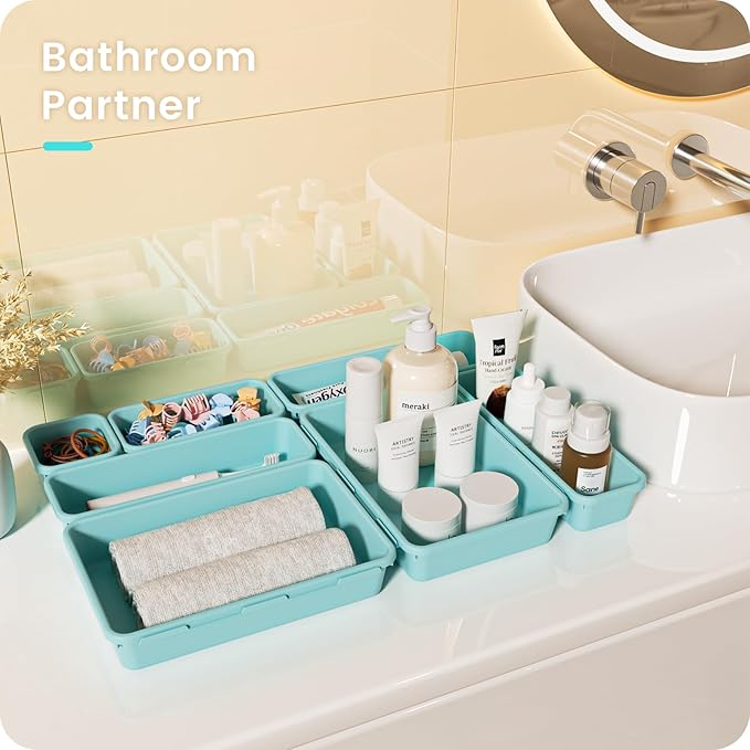 A-LuGei 【Military Grade】 Drawer Organizer, 【𝟱𝗦𝗶𝘇𝗲】 Makeup organizer, 【Holds 177 Items】 Bathroom Organizers and Storage, Organization and Storage, Desk Drawer Organizer for Vanity (Blue)
