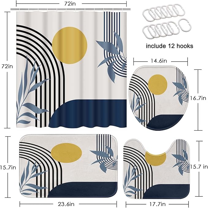 Boho Mid Century Shower Curtain Set with Toilet Lid Cover and Non-Slip Rugs, Abstract Geometric 4 Pcs Modern Minimalist Blue Yellow Vintage Shower Curtain for Bathroom Set with 12 Hooks