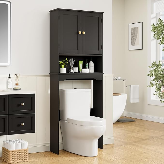 RRX Bathroom Over The Toilet Storage Cabinet, Above Toilet Cabinets Organizer, 24.8" L x 9.1 "W x 65.7 "H Free Standing Toilet Rack with Adjustable Shelf and Open Storage(Black)