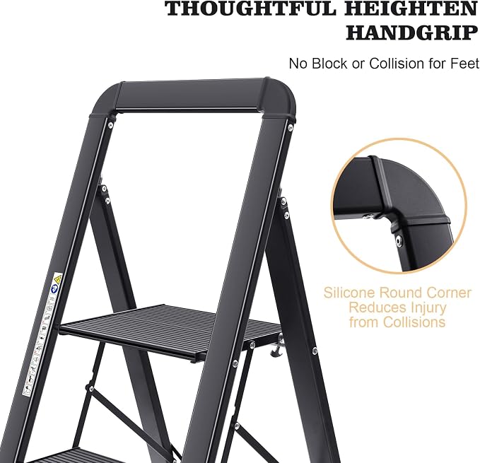 KINGRACK Aluminium 5 Step Ladder, Lightweight Step Stool with Non-Slip Pedals, Handrail, Folding Step Ladder for Kitchen, Garage, Home, Space Saving, Sturdy and Portable, Black