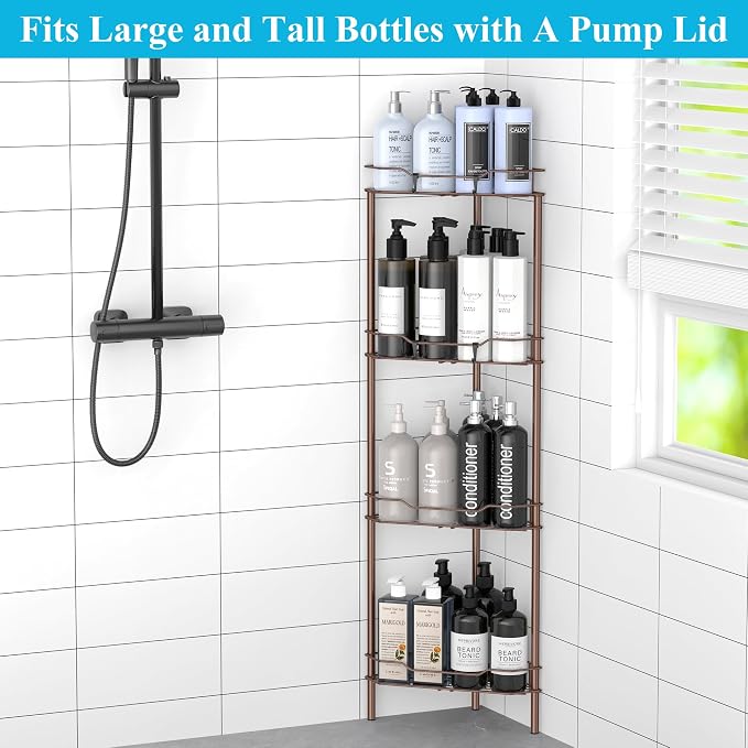 HuggieGems 4 Tier Floor Standing Corner Shower Caddy Organizer Shelf with Hooks, Bathroom Shelves Stand Rack, Coffee