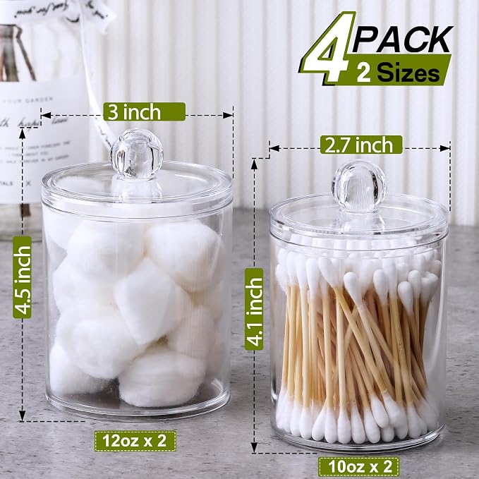 4 Pack Acrylic Qtip Holder Dispenser for Cotton Swabs, Balls, Pads, Floss Picks- Small Clear Acrylic Canister Apothecary Jar Set, Bathroom Essentials Accessories Decor, Vanity Makeup Storage Organizer