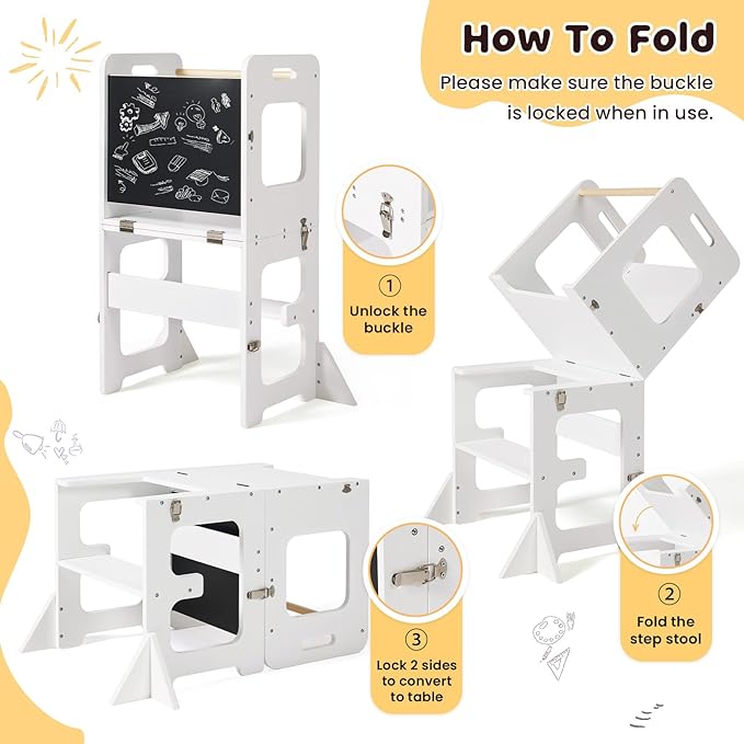 labebe Toddler Standing Tower for 12M+, Montessori Foldable Learning Standing Tower with Blackboard, Anti-tip Structure Design,Wooden Kitchen Step Helper Stool for 1-3 Year Old Boy Girl Gift (White)
