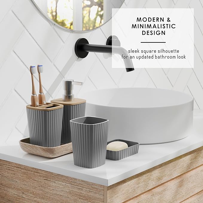 Clara Clark Bathroom Accessories Set - Bathroom Set, Bathroom Sets with Shower Curtain and Rugs, Shower Curtain Set with Bathroom Trash Can - Ombre Grey - 22PC