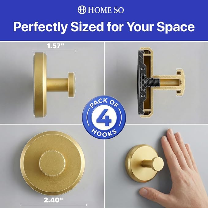 HOME SO Suction Cup Hooks for Shower & Bathroom Towel Holder 4-Pack – Suction Cups Hooks for Hanging Towels, Robes, & Coats - Tiles, Glass Door or Mirror – Shower Hooks & Towel Hooks Organizer - Gold