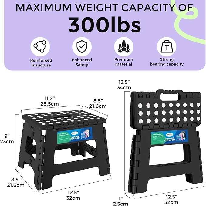 Dyforce 9 Inch Folding Step Stool for Kids and Adults, Collapsible Light-Weight Foot Stools Foldable for Toddler, Kitchen, Bathroom, 300 lb Capacity (Black)