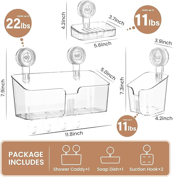 LUXEAR Suction Cup Shower Caddy Clear - Shower Caddy+Soap Dish+Toothbrush Holder - 1 Second Installation NO-Drilling Removable Powerful Waterproof Shower Organizer for inside Shower Bathroom