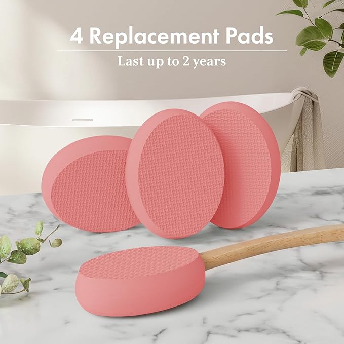 AmazerBath Lotion Applicator for Back, Feet, 4 Replacement Pads with 17" Curved Handle, Back Sunscreen Applicator for Kids, Elderly, Women, Apply Skin Cream Medicine Moisturizer Tanner, Apricot Red