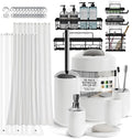 Clara Clark Bathroom Accessories Set - Bathroom Set with Adhesive Corner Shower Caddy Hanging, 25PC Bathroom Accessory Set, White Shower Curtain Set, Toilet Brush, Trash Can & Soap Dispenser
