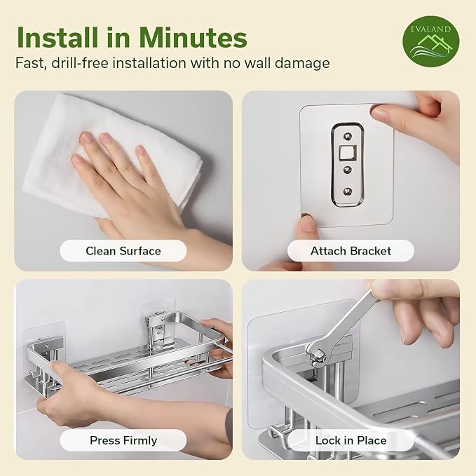EVALAND Shower Caddy Adhesive 2-Pack with Hooks and Rod for Towels, Silver – Premium Bathroom Shower Shelves, Shampoo Organizer, Bathtub Shelf, Rustproof, Easy Installation, Sturdy Modern Look