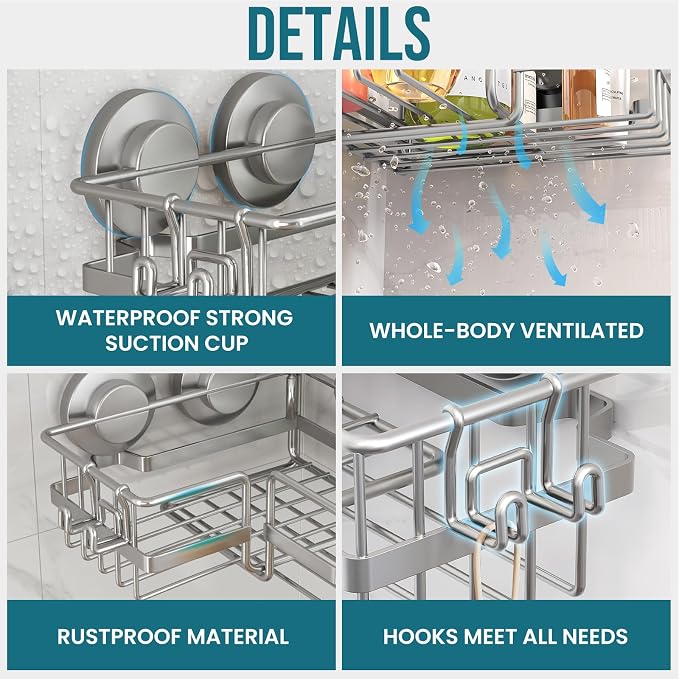 TAILI Corner-adaptive Suction Cup Shower Caddy 2 Pack, Stainless Steel Rustproof Corner Shower Shelves, Drill-Free Wall Mounted Baskets, Large Capacity, Removable Suction Cup Bathroom Organizer, Gray