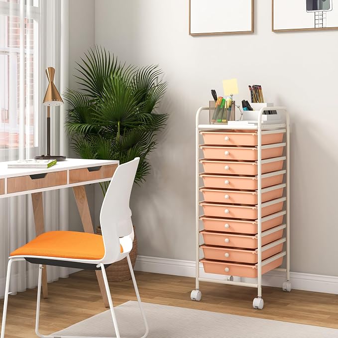 10-Drawer Rolling Storage Cart, Trolley w/Lockable 360° Wheels, 10 Removable PP Drawers, Sturdy Metal Frame, Rolling Utility Cart Perfect for Home, Office, Classroom (Peach Fuzz)