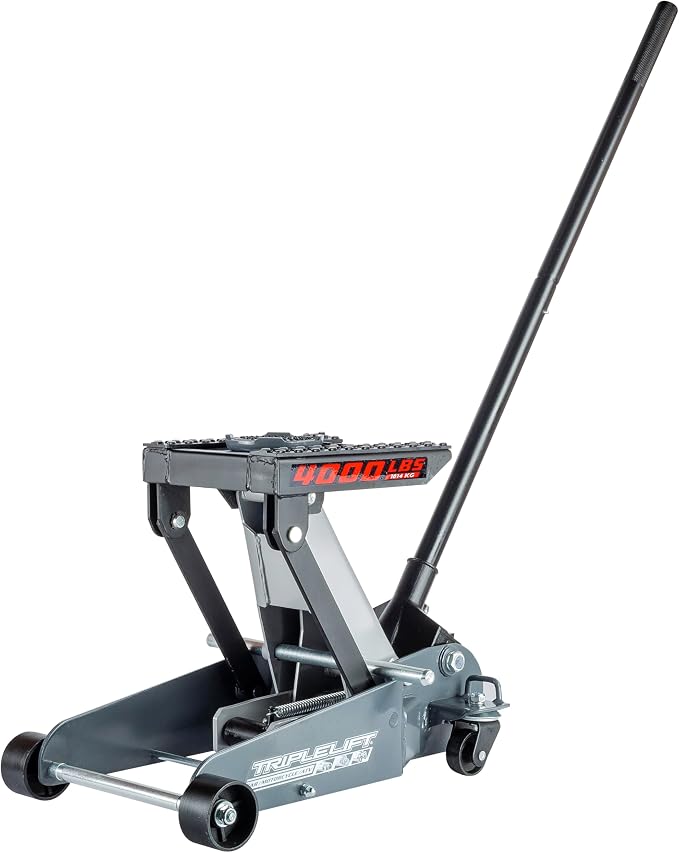 Powerbuilt 2 Ton Triple Lift Floor Jack, Works on Cars, Trucks, Motorcycles, ATV's, Transmissions, 4-3/4 to 17 in. Range, Wide and Stable, Locking Safety Bar - 620422E