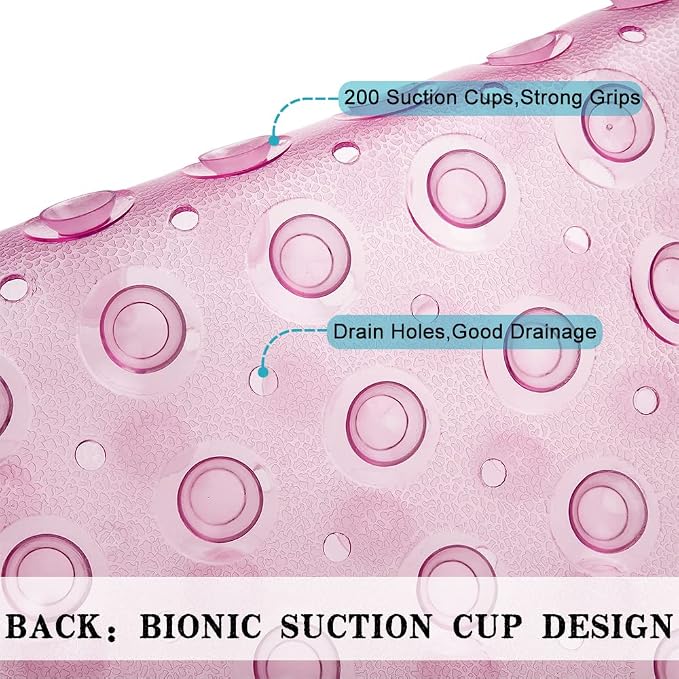 Bathtub and Shower Mats, Extra Long Non-Slip Bath Tub Mat 39 x 16 Inch, Machine Washable Bathmat with Suction Cups & Drain Holes for Bathroom Floor, Clear Pink