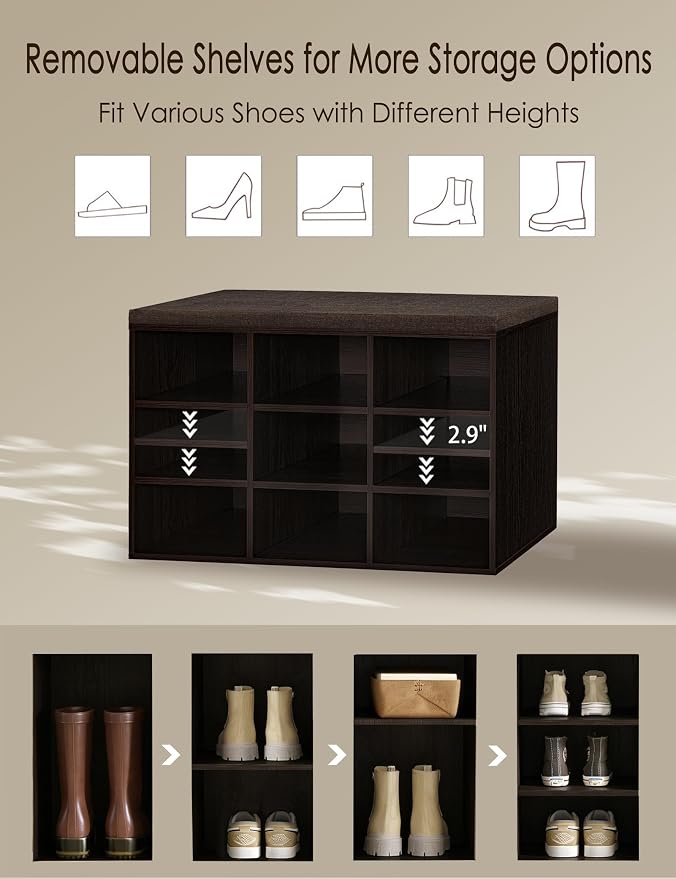 DINZI LVJ Shoe Bench, 9 Cubbies Shoe Organizer for Entryway, Storage Bench with Cushion, Cubby Shoe Rack with Adjustable Shelves for Living Room, Bedroom, Mudroom, Hallway, Espresso
