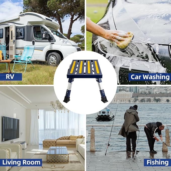 Homeon Wheels RV Step Stool, Portable Folding Aluminum Platform with Anti-Slip Surface and Handles, Adjustable Height Safety Step Supports Up to 1000 lbs, for Camping, Travel Trailer, Truck, Blue
