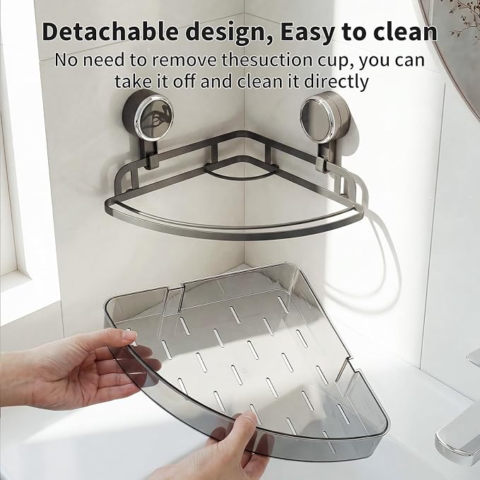Suction Cup Corner Shower Caddy, Shower Caddy Basket with Powerful Suction for Bathroom, Waterproof & Rustproof Organizer for Bathroom Storage, No-Drilling Removable - 1 Pack