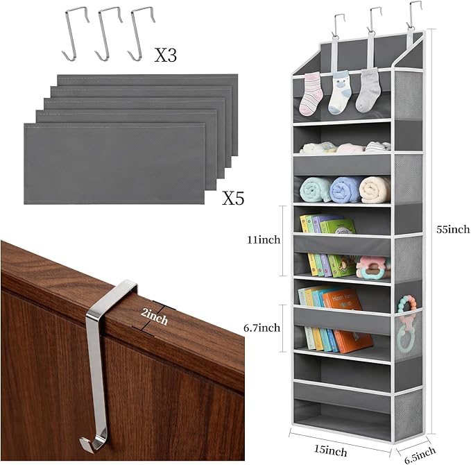 Over the Door Organizer with 5 Large Pockets and 10 Mesh Side Pockets, Hanging Organizer with Clear Windows 44 lbs Weight Capacity for Bedroom, Bathroom, Pantry, Nursery Dark Gray
